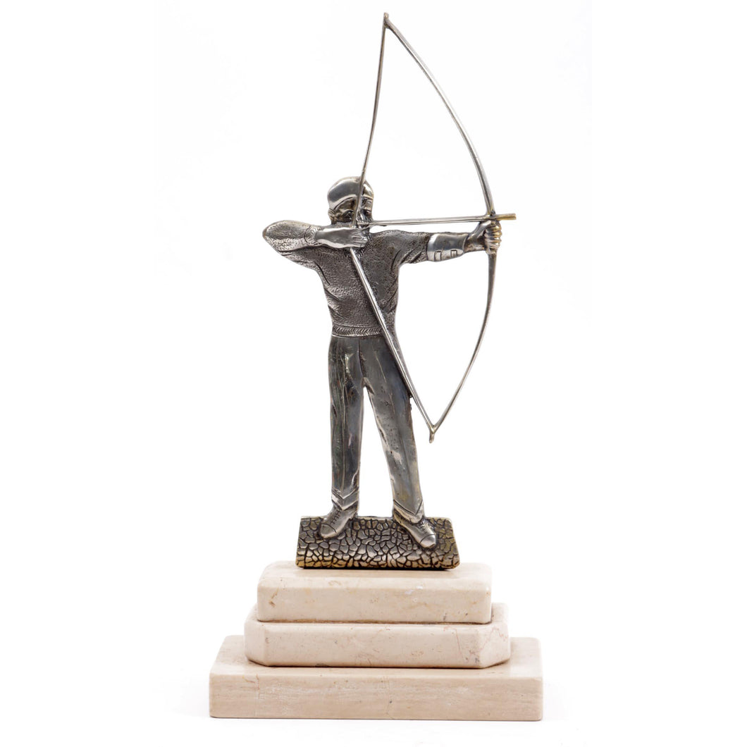 Silvered bronze Art Deco sculpture of an archer on a marble pedestal