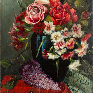 Still life with flowers on wooden panel 19th century