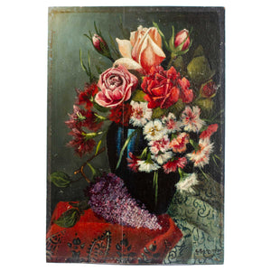 Still life with flowers on wooden panel 19th century