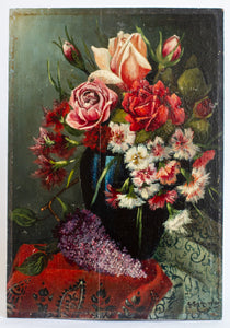 Still life with flowers on wooden panel 19th century