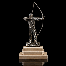 Silvered bronze Art Deco sculpture of an archer on a marble pedestal