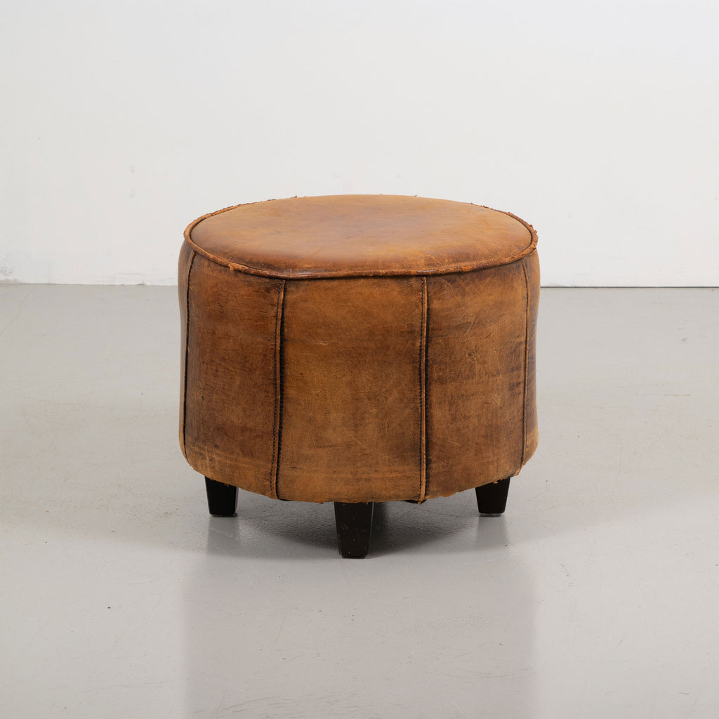 Vintage Round Sheepskin Leather Ottoman