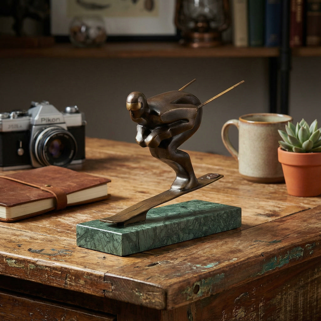 Sculpture, Ski Athlete - 19.7 cm - Bronze, Marble