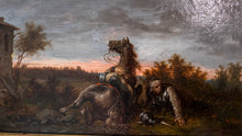 18th century painting with a falling rider of a horse