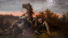 18th century painting with a falling rider of a horse