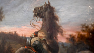 18th century painting with a falling rider of a horse